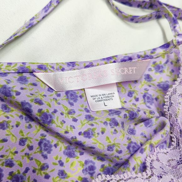 Vtg Y2K Victoria's Secret Purple Ditsy Floral Satin Cami Slip Dress Large Fairy - Picture 6 of 10